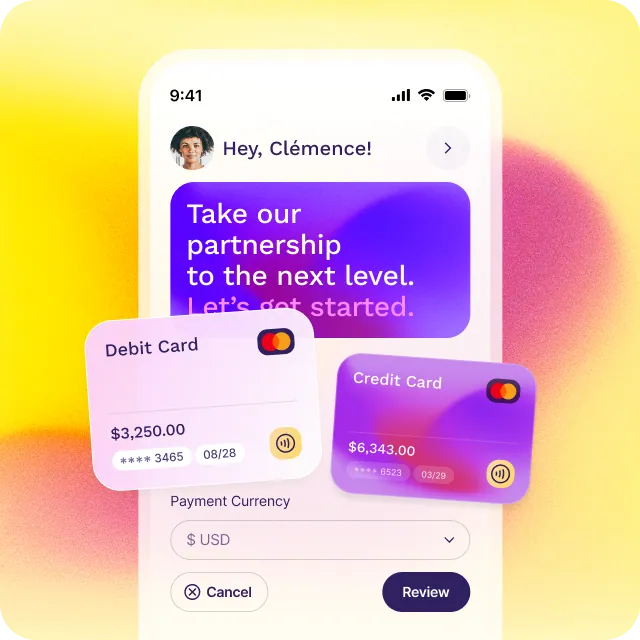 Feezy mobile payment screen showing a payment form, a debit and a credit card on a warm yellow and pink gradient background