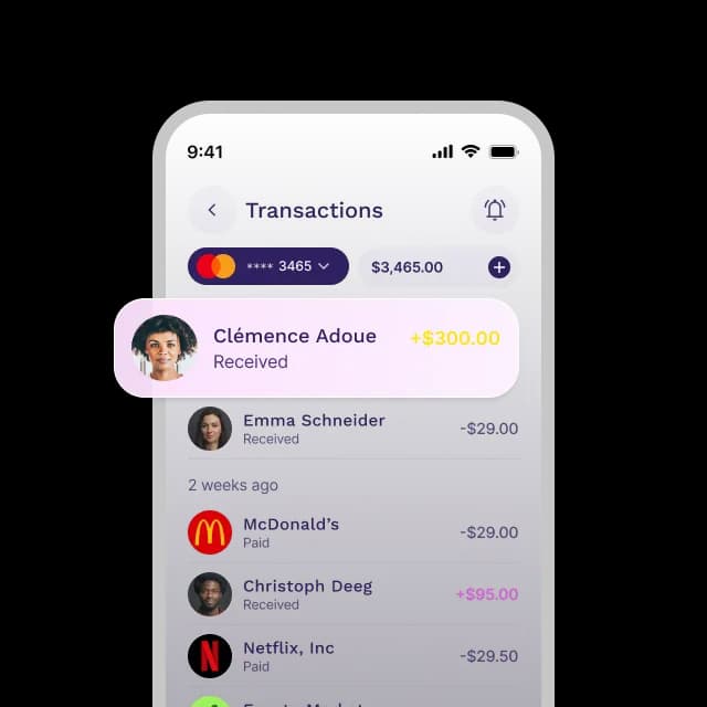 Feezy transactions view showing a recent member payment of $300 received from Clémence Adoue