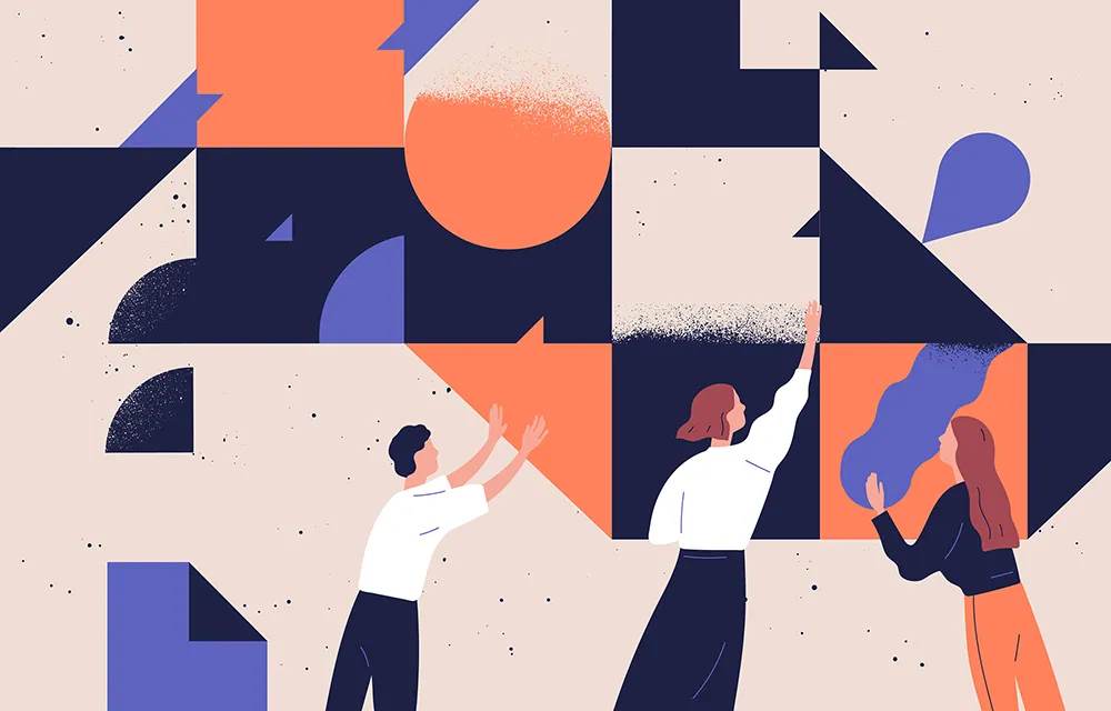 Editorial illustration of educators reaching to fix a fragmented fee process